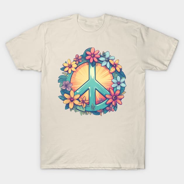 Groovy retro peace sign with pastel flowers T-Shirt by Unelmoija
